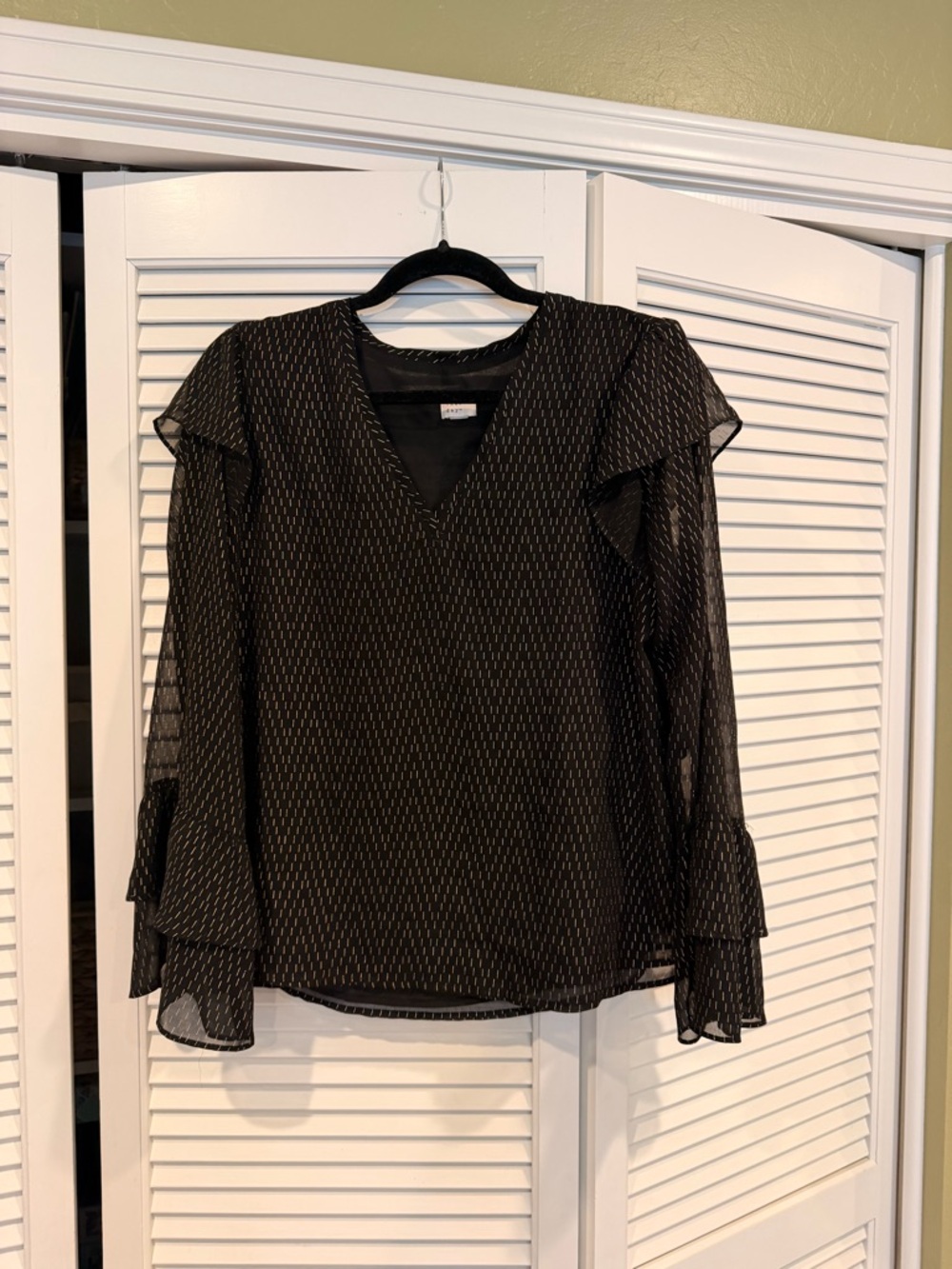 a new day Black Sheer V-Neck Blouse with Metallic Pinstripe